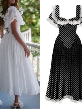 NEW Selkie The Black Polka Dot Cupid Midi Dress French Black White Dots